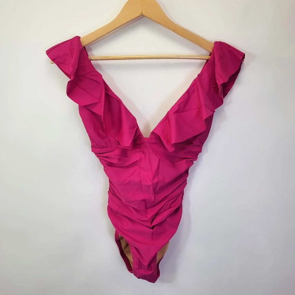 J. Crew Ruched Ruffle One Piece Swimsuit Size 4 Pink Deep V Neck NWT - Picture 2 of 5